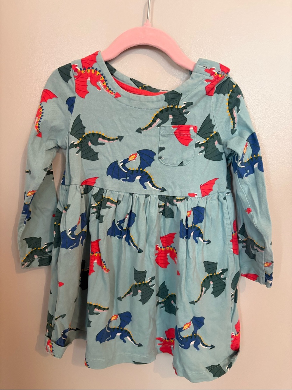 Mini Boden Light Blue Dragon Print Long Sleeve Dress with Red & Blue Accents